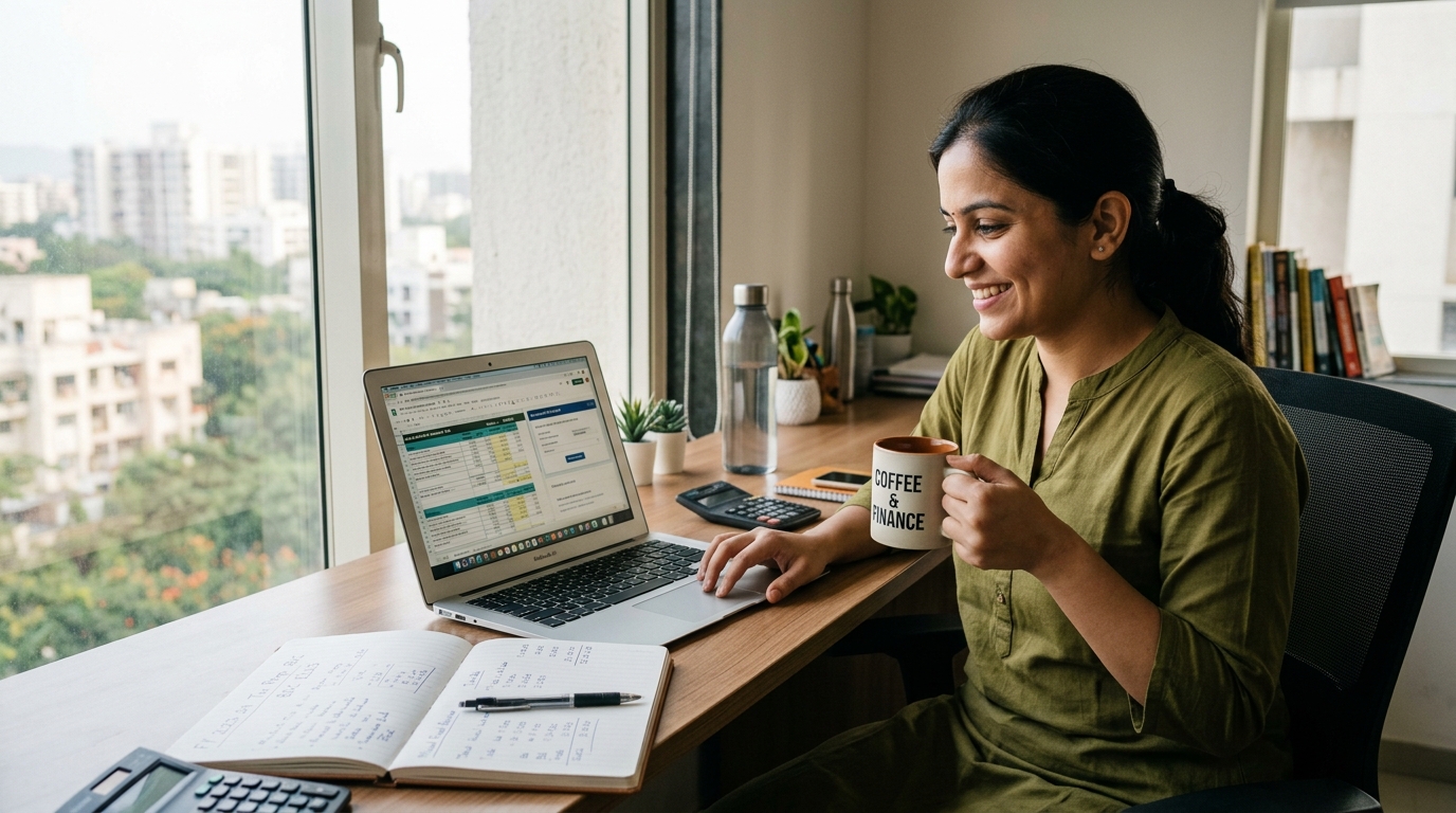 Young Salaried Indian Professional Planning 80C Tax Savings on Laptop